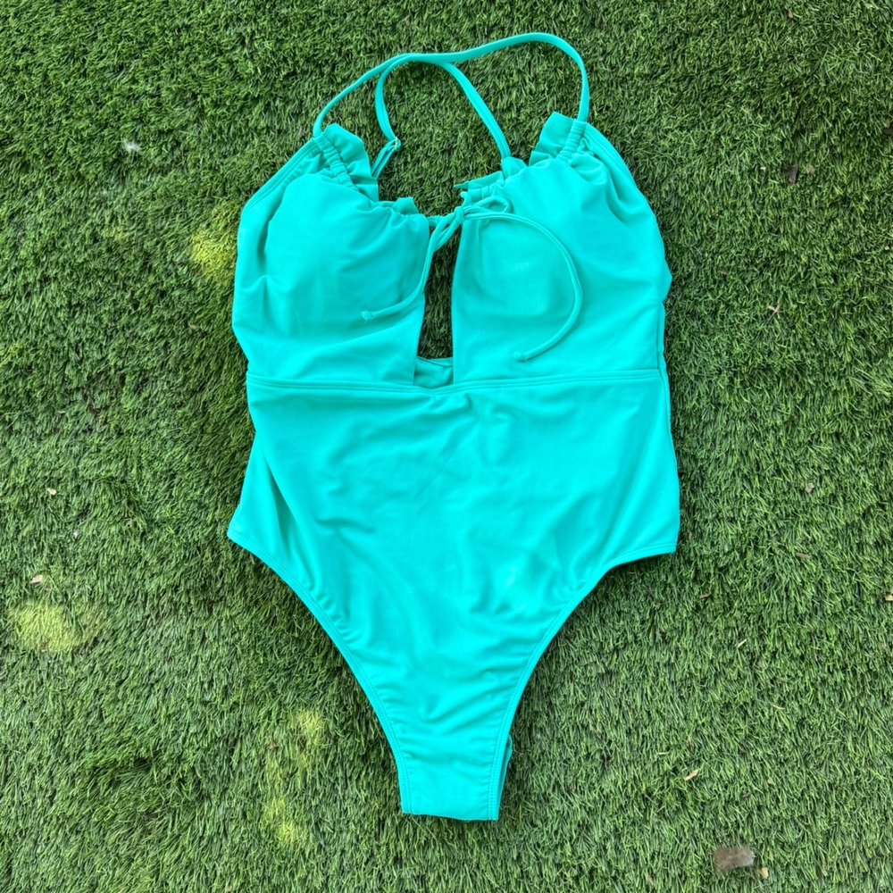 New Shade & Shore One Piece Swimsuit Ruched Adjustable Aqua Green L(12-14) NWT‎